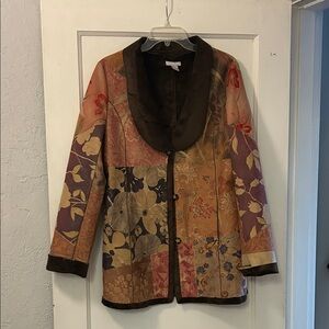 Vintage Patchwork Floral Jacket with Brown Trim - Women
